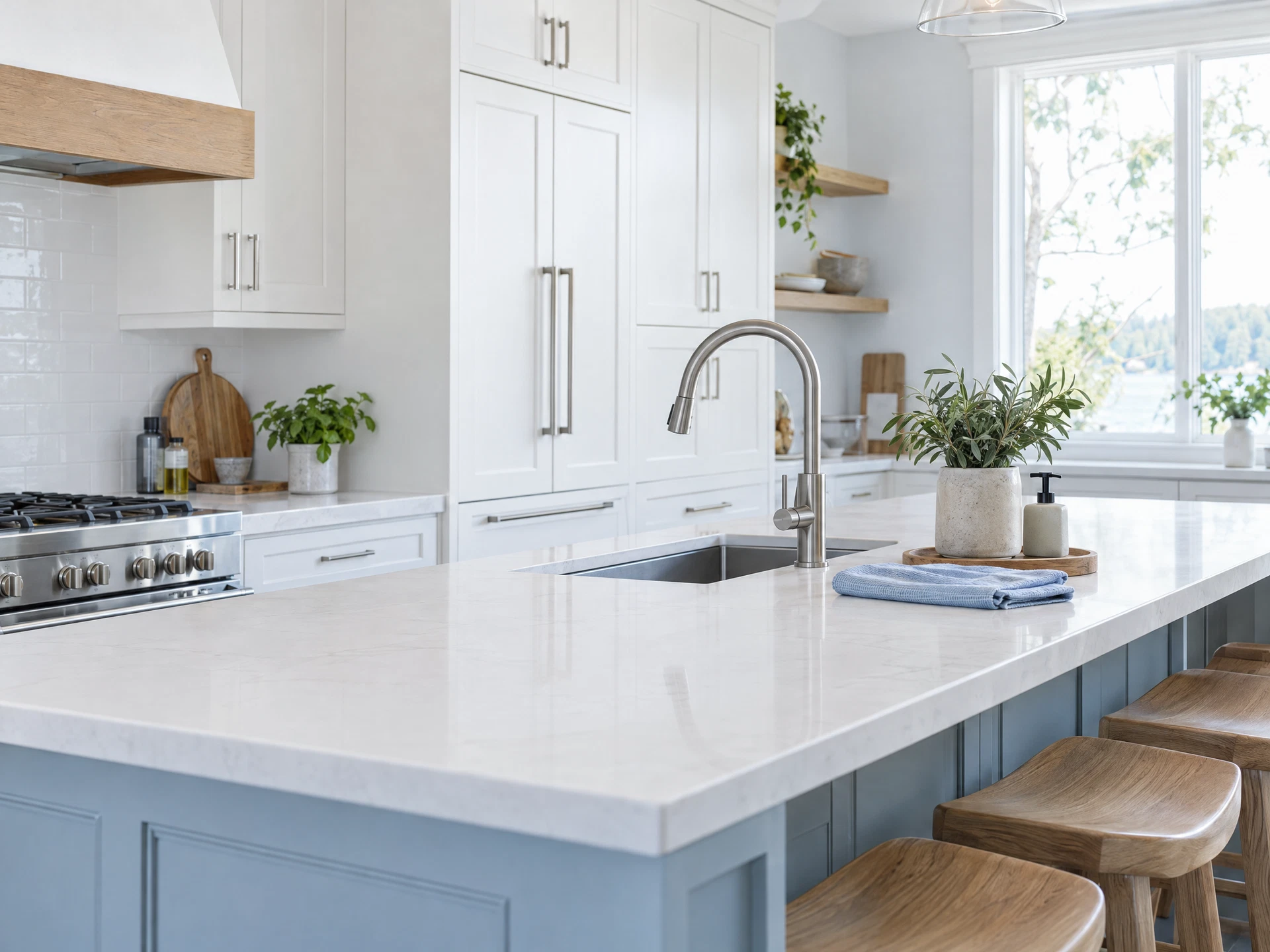 A spotless white kitchen with pale blue cabinetry and silver fixtures